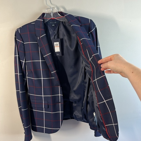 NWT Tommy Hilfiger Women Navy Window Pane Plaid Blazer Sz 2 Academia Lined Prep - Picture 14 of 16
